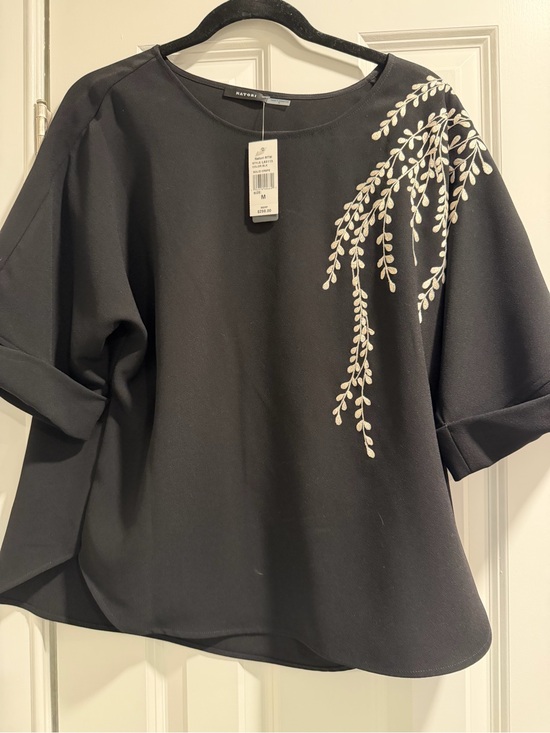 Natori Tops - Natori Black Short-Sleeve Top with Cream Botanical Embroidery